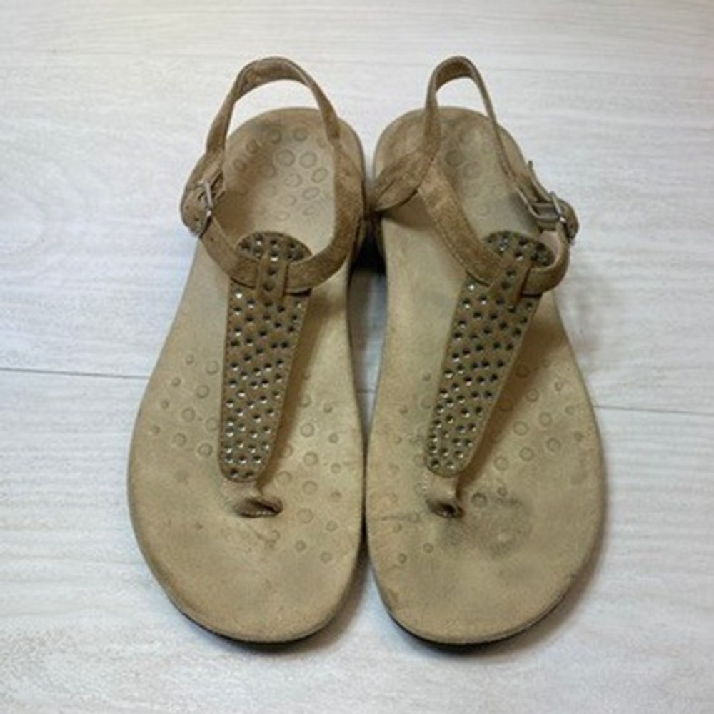 Vionic Womens 7 Tula T-Strap Slingback Sandal Tan Suede Studded Orthotic 342TULA
